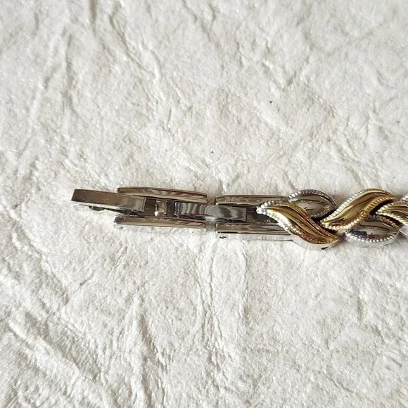 Tennis Link Bracelet Silver Gold Two Tone Hearts Mid Century Modernist 7" Gift - Picture 8 of 9